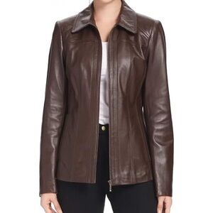 BGSD $300 Women's XL Dark Brown Soft Lambskin Leather Zip Up Classic Jacket EUC